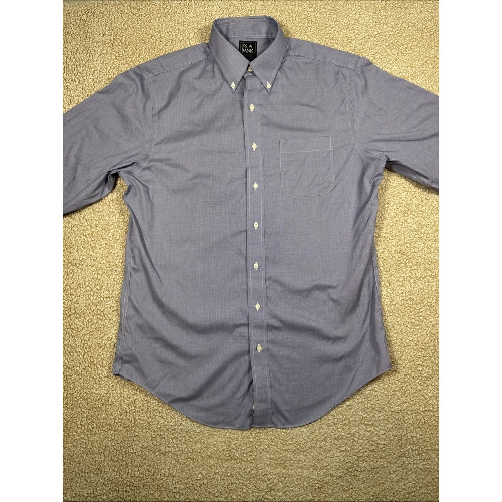 Jos. A. Bank Traveler Mens 16.5 35 Blue White Micro Check Dress Shirt Cotton